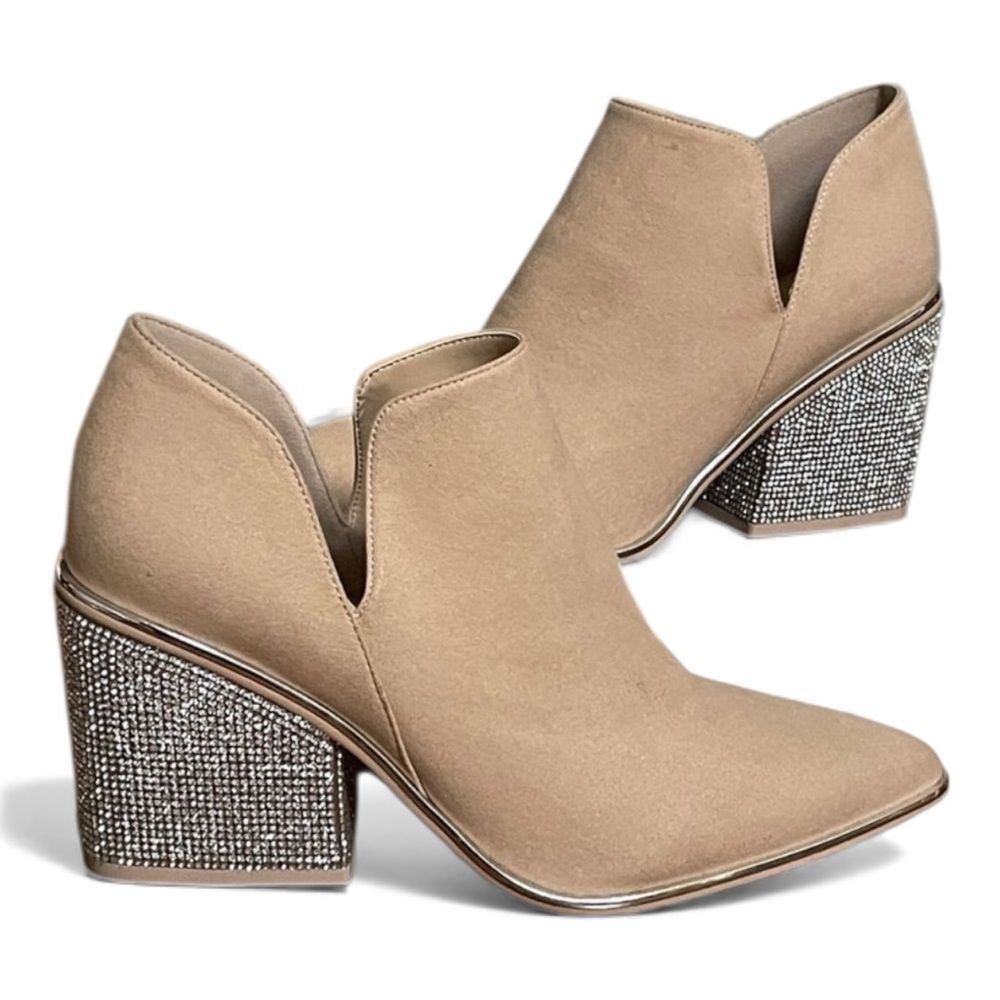 Beige Suede Ankle Booties with Embellished Block Heel
